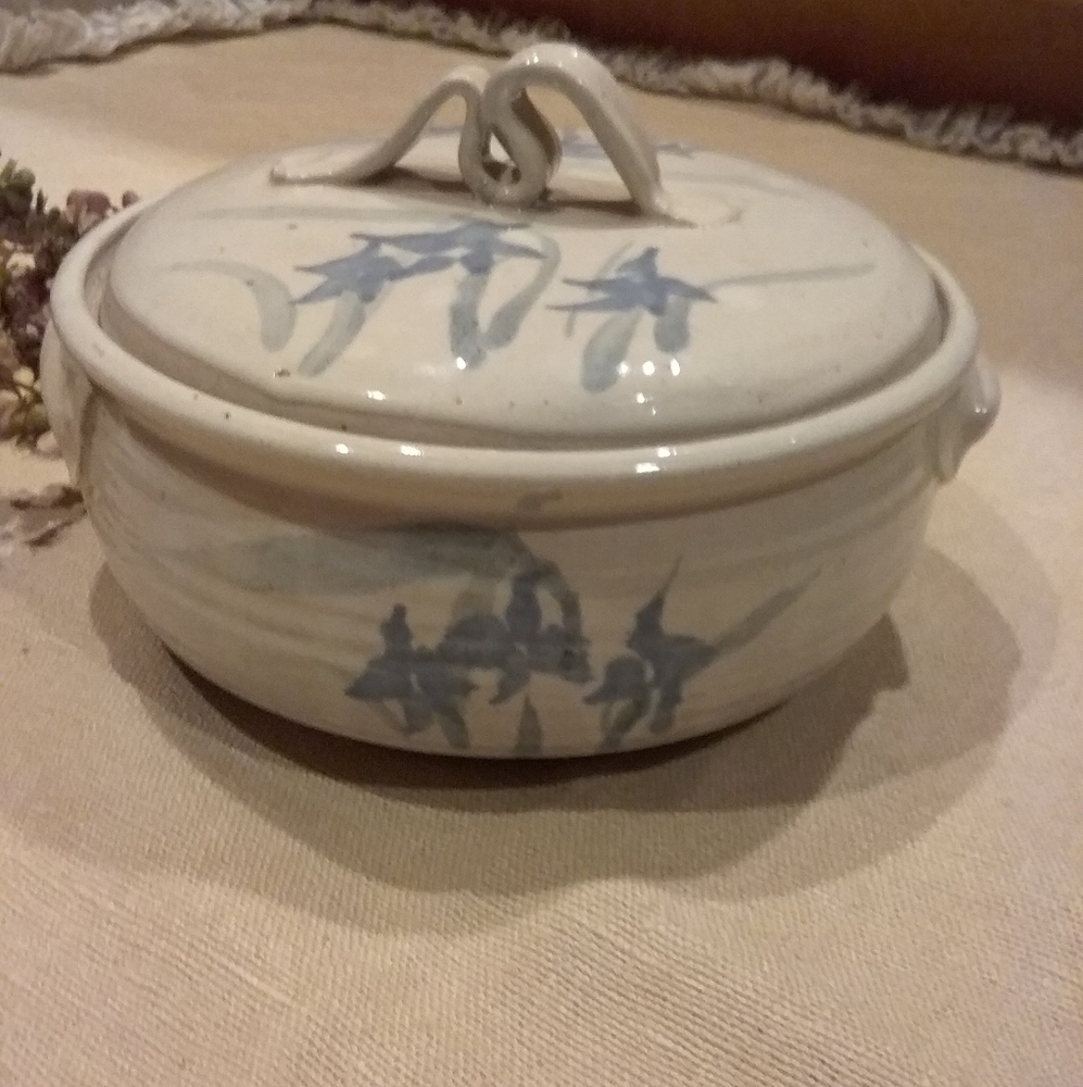 Pottery Lidded  Handled  Flowers Dish